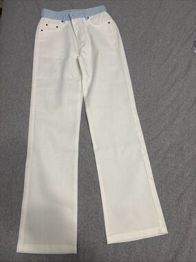 Women's White Wide-Leg Jeans with Contrast Waistband
